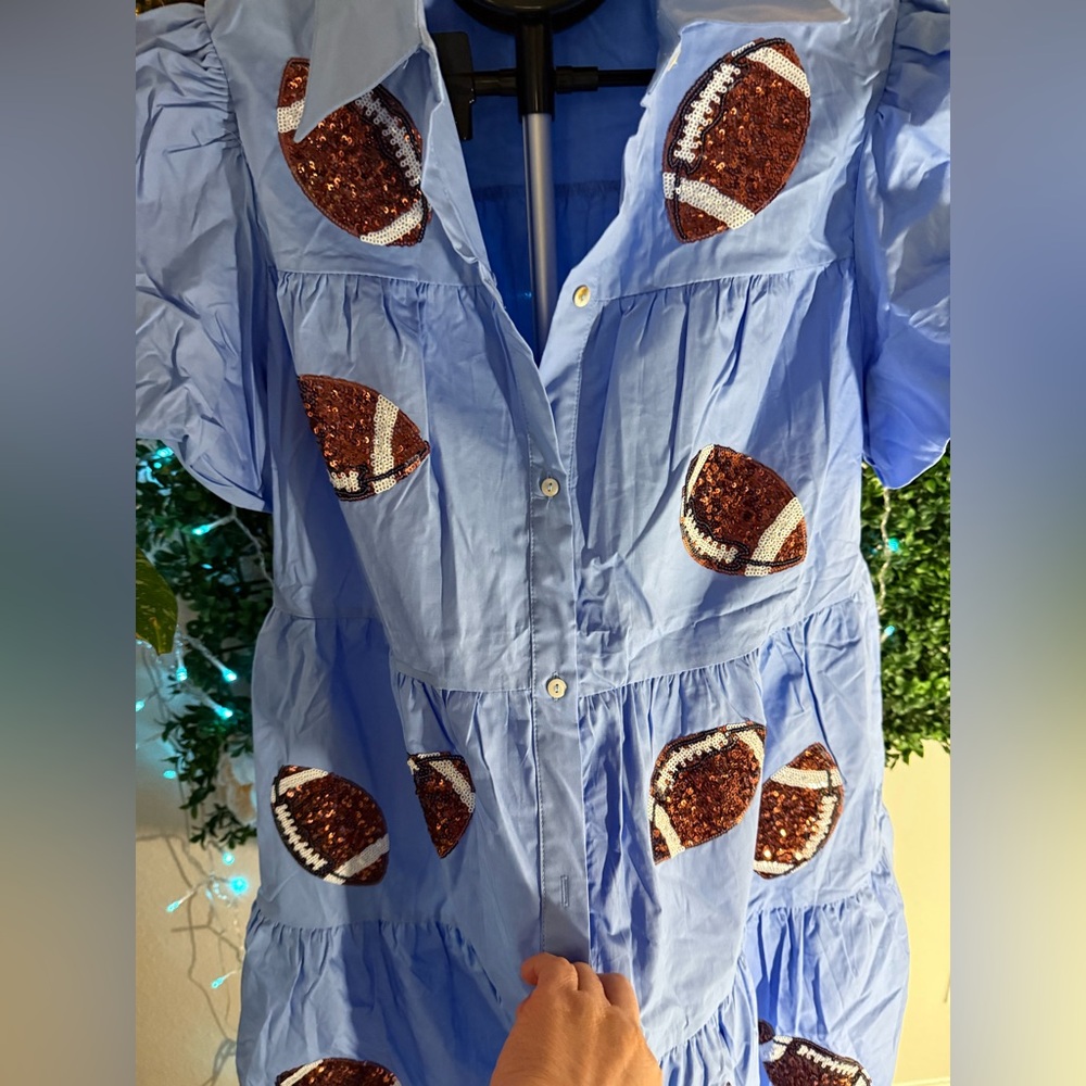 PEACH LOVE SEQUIN FOOTBALL PATCH BABYDOLL DRESS LIGHT BLUE - Picture 8 of 9